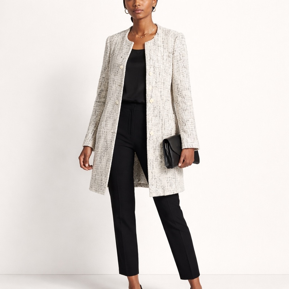 Eileen Fisher | Natural White Bouclé Long Collarless Coat Minimalist Parisian XL